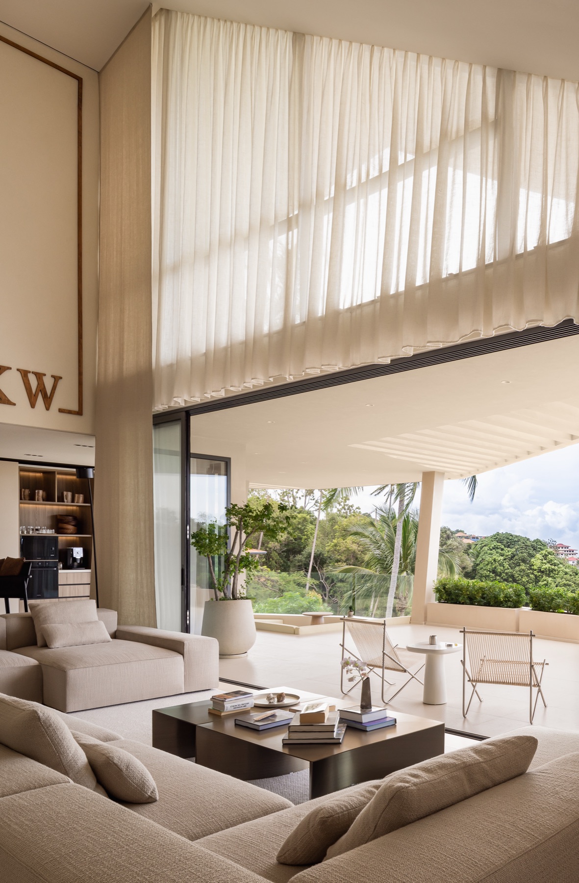 Four-bedroom KW Villa double-height living room with terrace view, Koh Samui